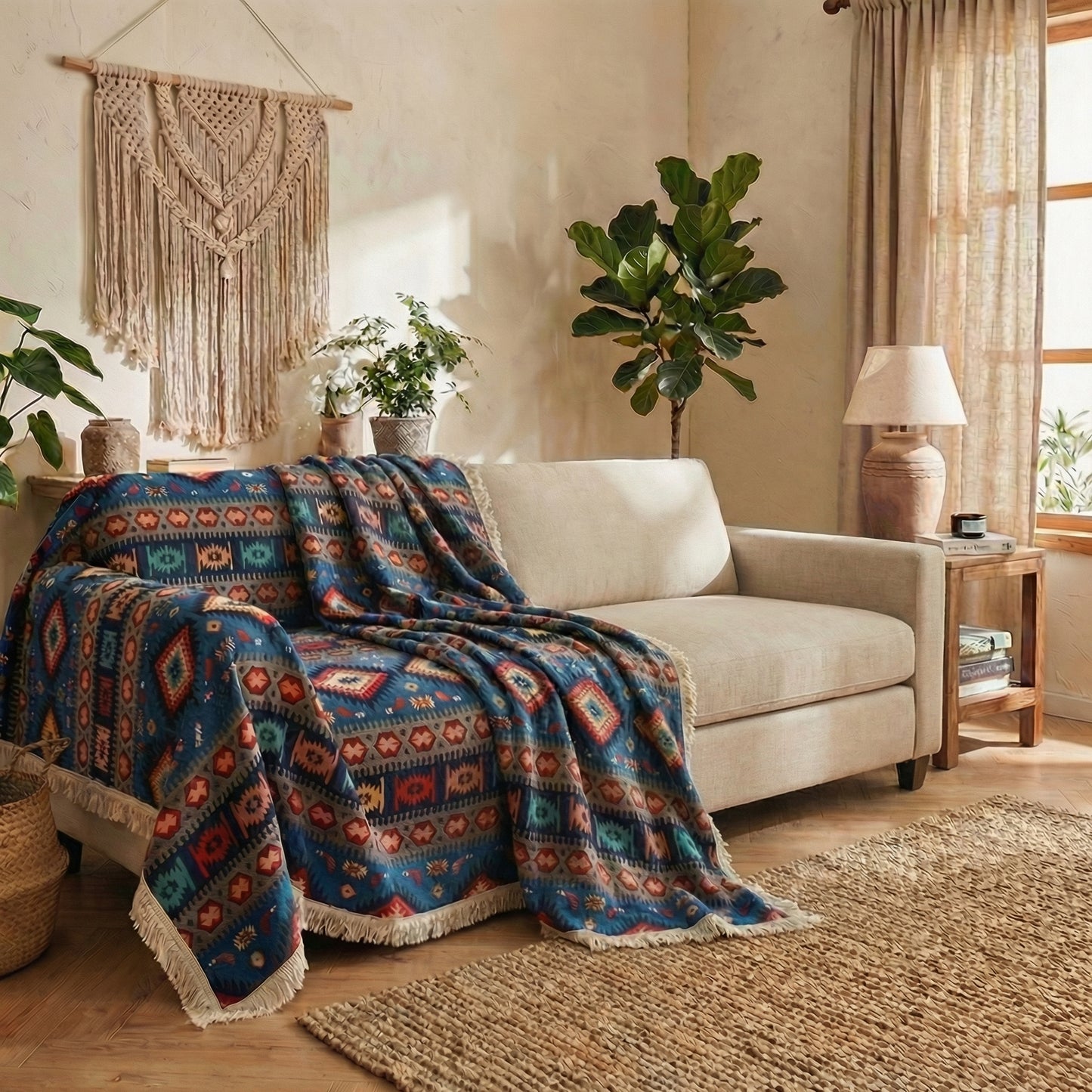 Nomad Dream Boho Sofa Cover with Chenille-Style Woven Texture