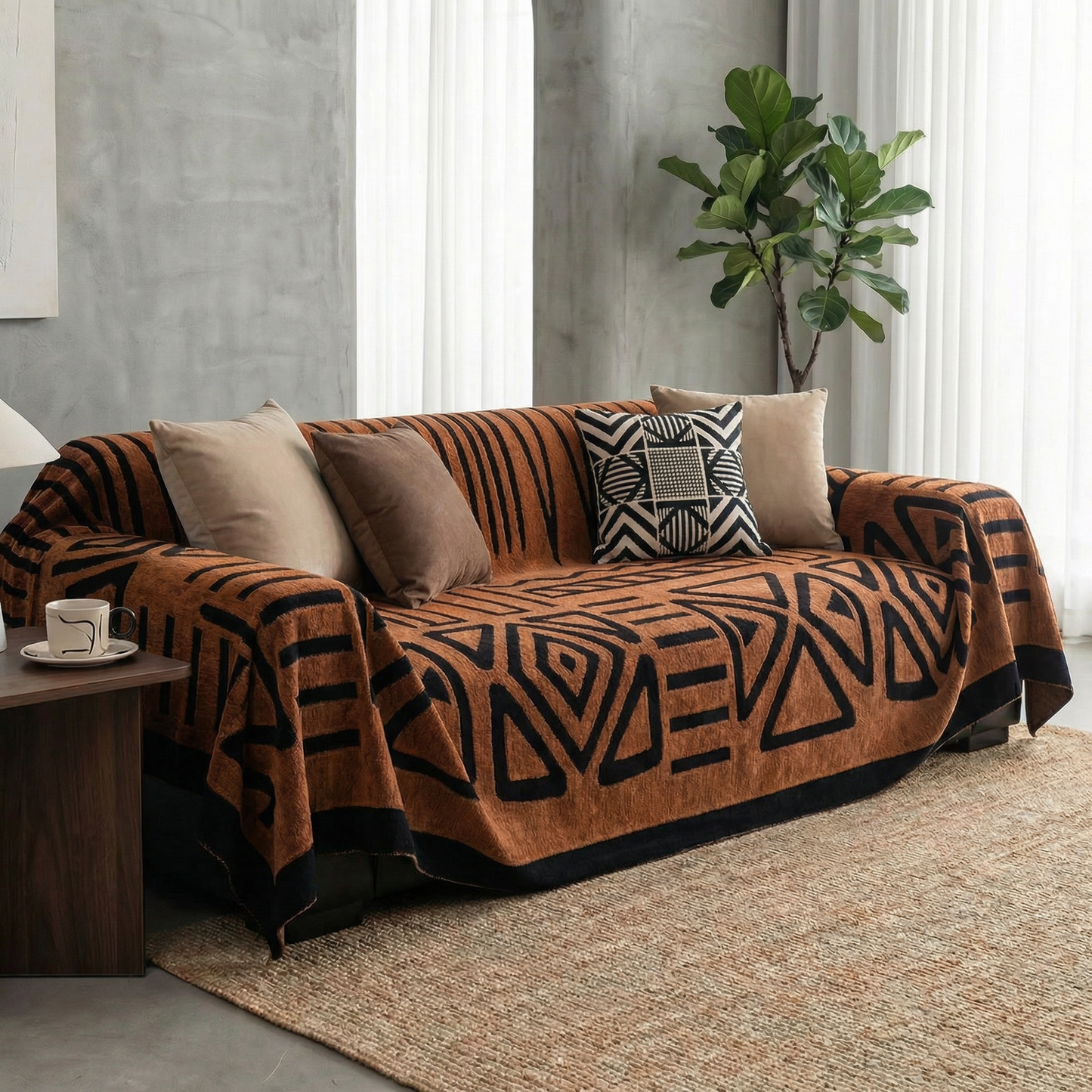 Urban Maze Velveteen Jacquard Sofa Cover with Non-Slip Backing