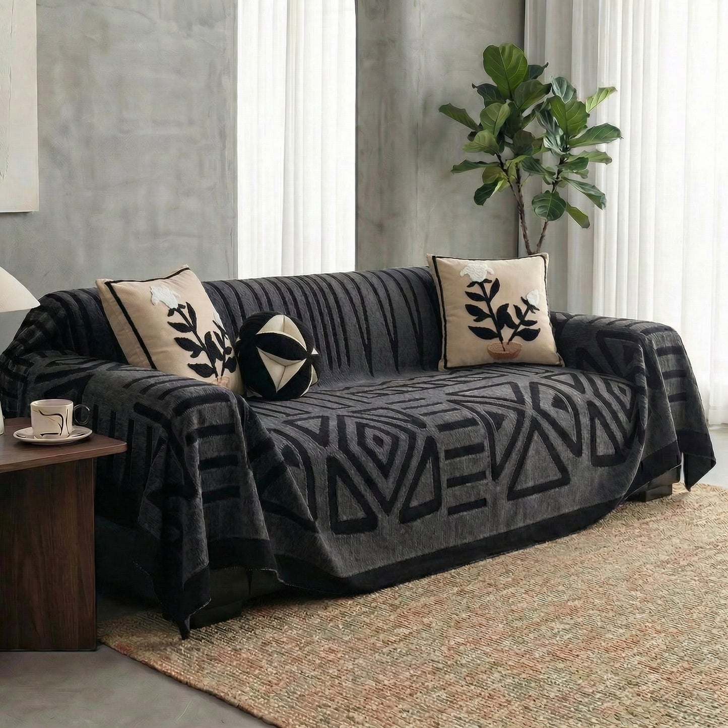 Urban Maze Velveteen Jacquard Sofa Cover with Non-Slip Backing