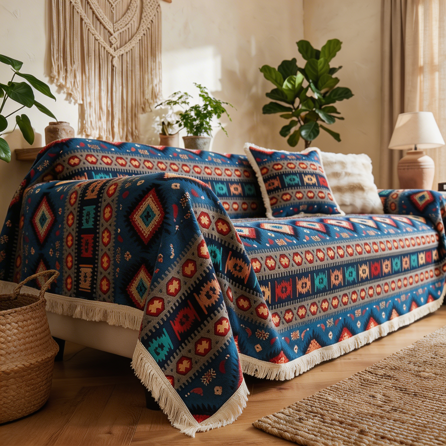 Nomad Dream Boho Sofa Cover with Chenille-Style Woven Texture