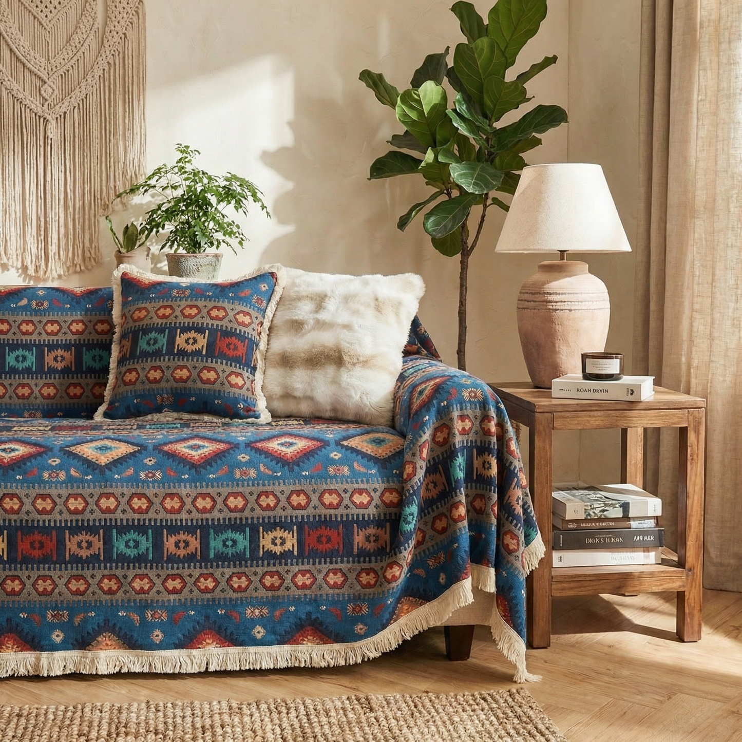 Nomad Dream Boho Sofa Cover with Chenille-Style Woven Texture
