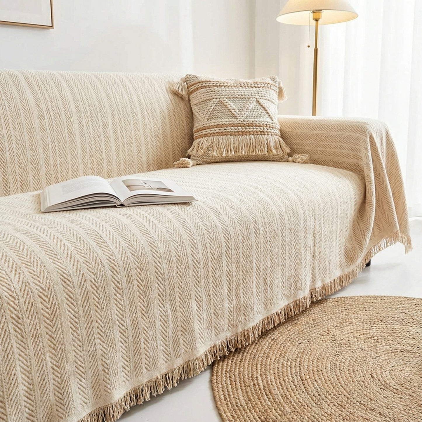 Herringbone Chenille Sofa Cover with Tassel Edges and Non-Slip Backing
