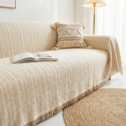 Herringbone Chenille Sofa Cover with Tassel Edges and Non-Slip Backing