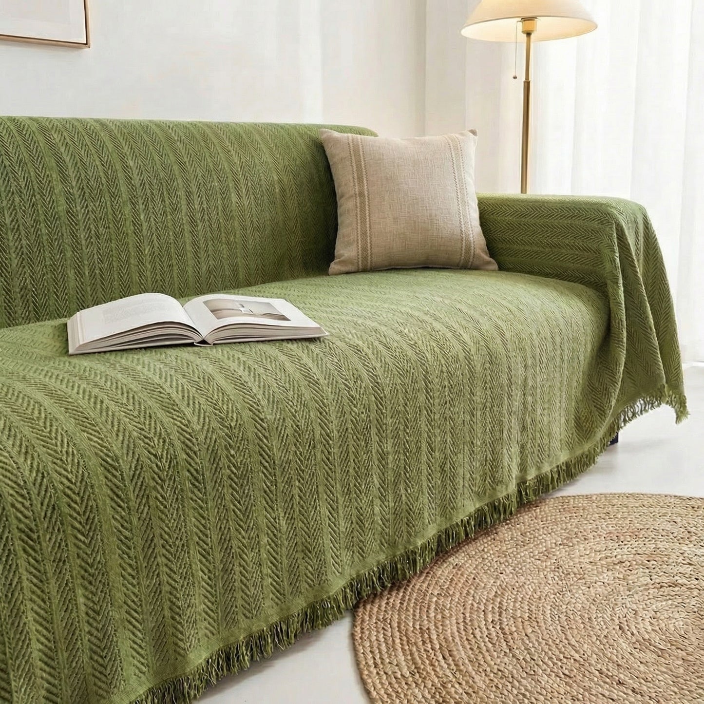Herringbone Chenille Sofa Cover with Tassel Edges and Non-Slip Backing