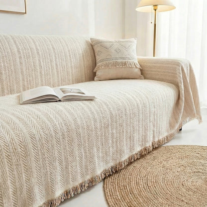 Herringbone Chenille Sofa Cover with Tassel Edges and Non-Slip Backing