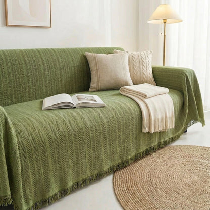 Herringbone Chenille Sofa Cover with Tassel Edges and Non-Slip Backing
