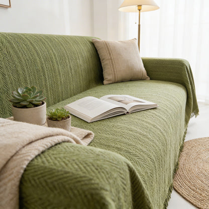 Herringbone Chenille Sofa Cover with Tassel Edges and Non-Slip Backing