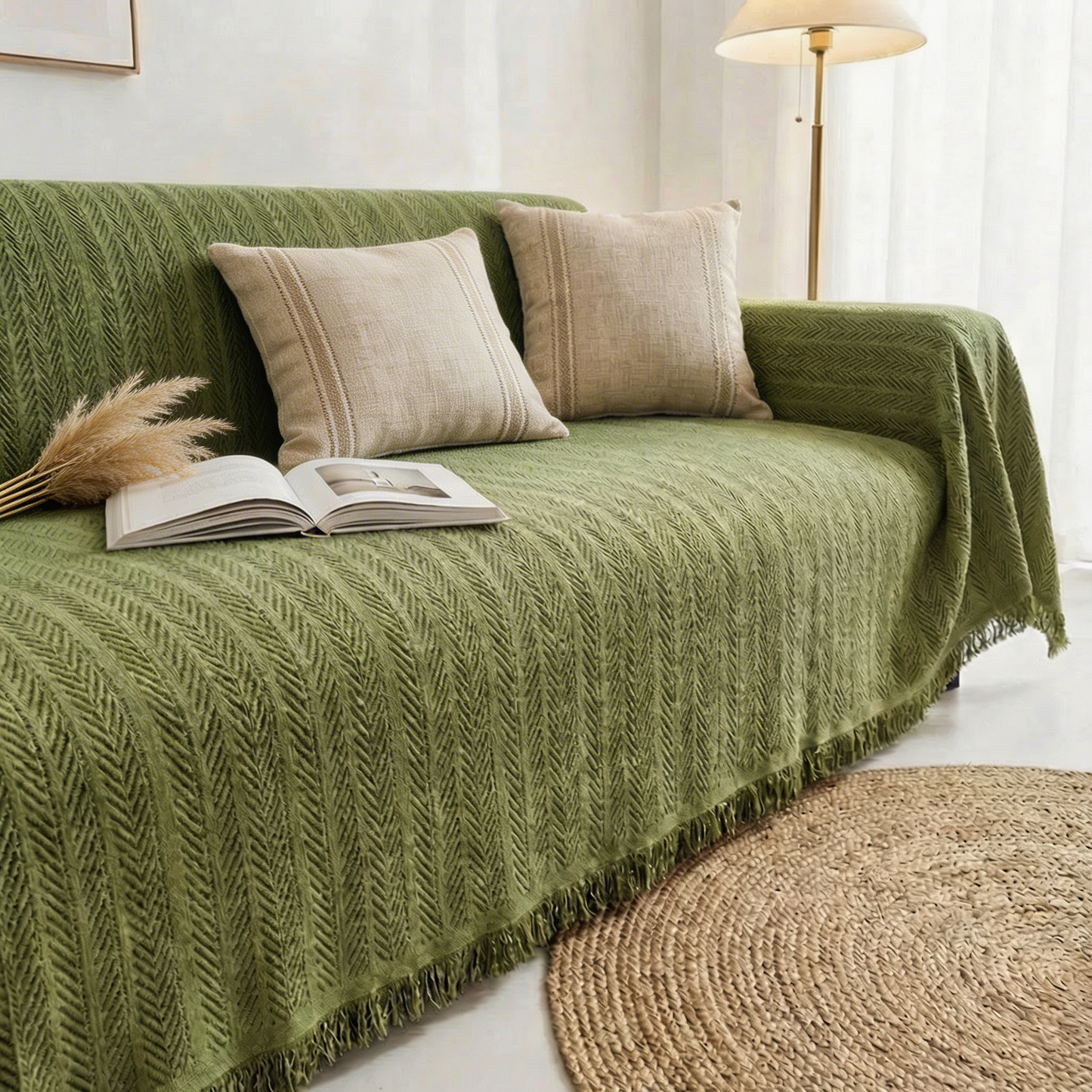 Herringbone Chenille Sofa Cover with Tassel Edges and Non-Slip Backing