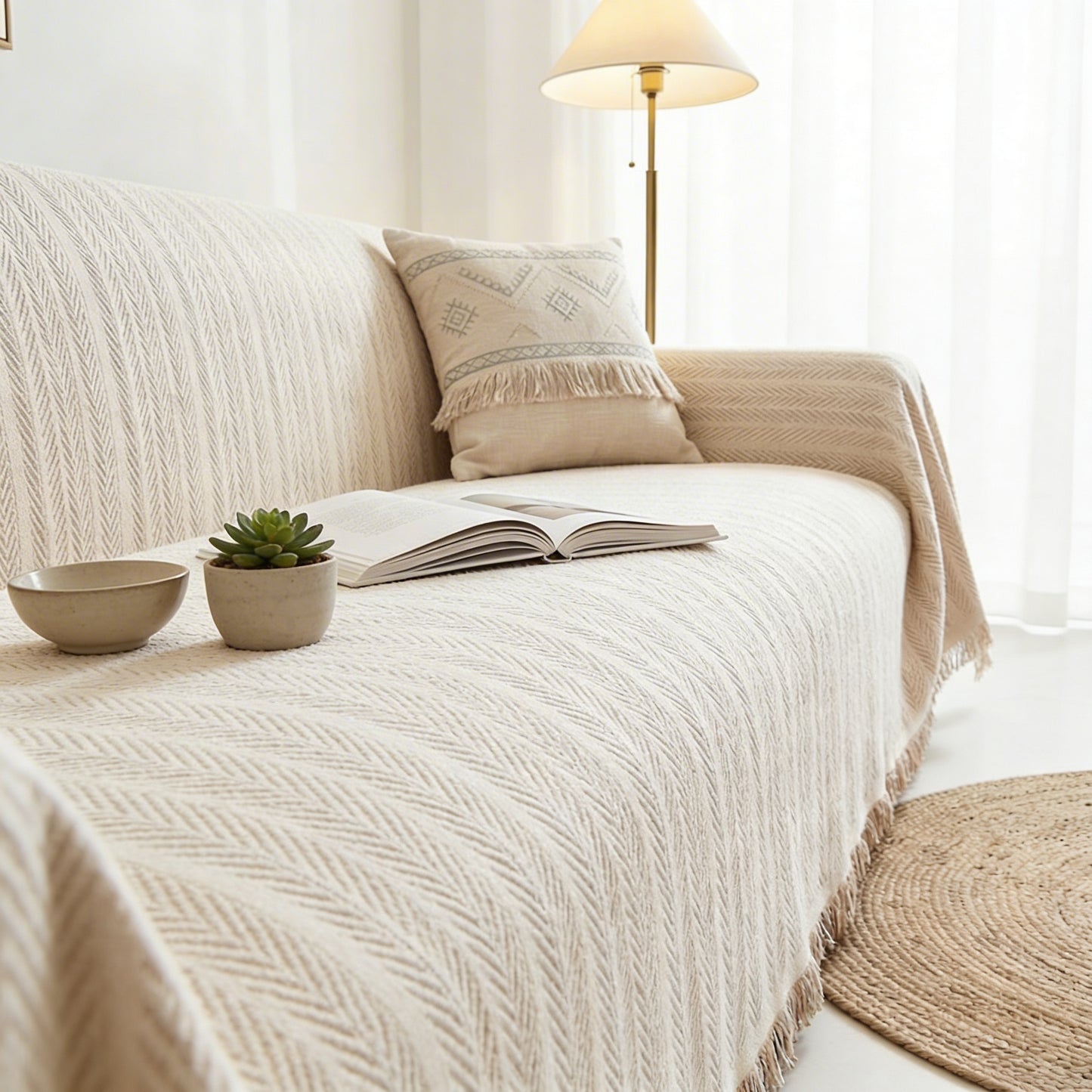Herringbone Chenille Sofa Cover with Tassel Edges and Non-Slip Backing