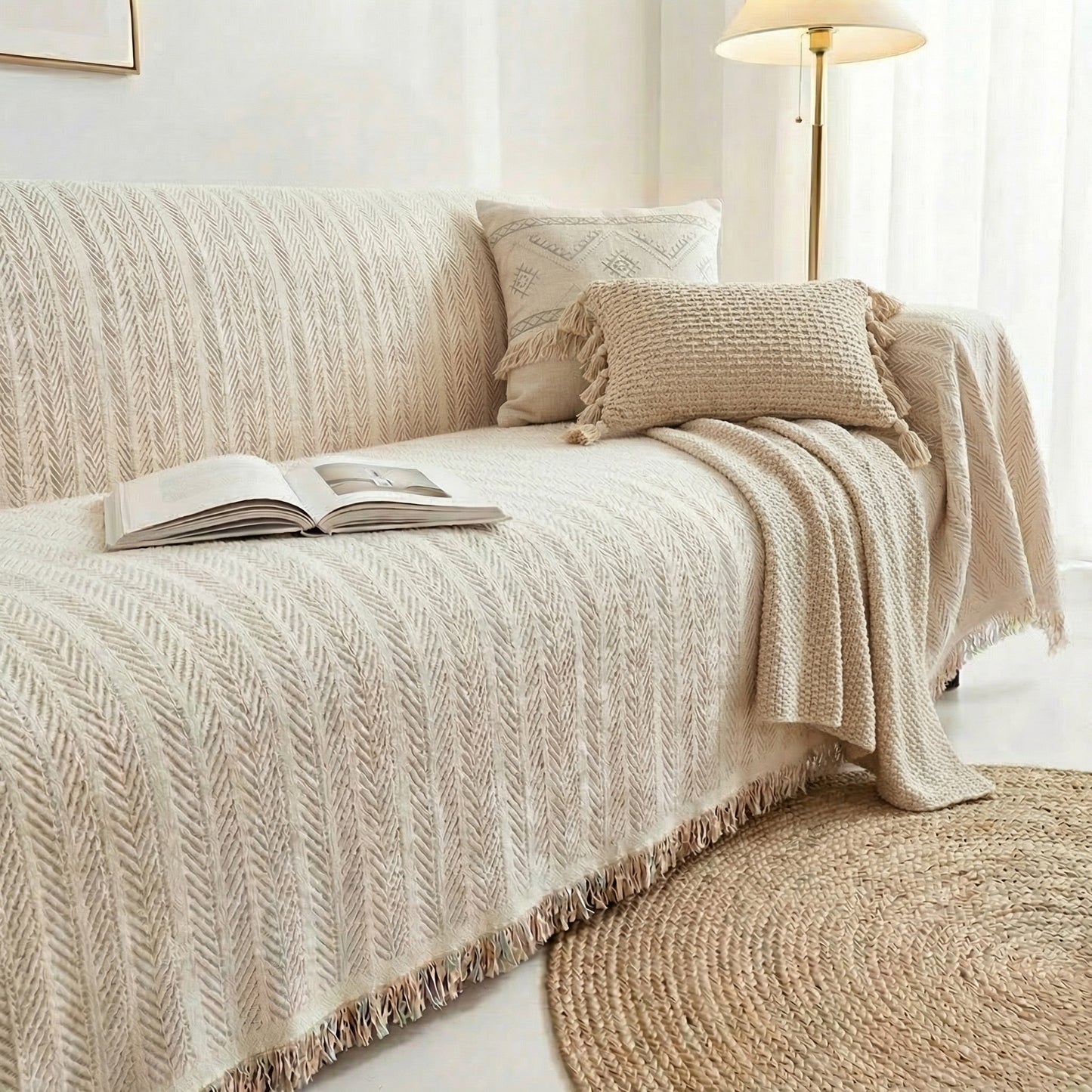 Herringbone Chenille Sofa Cover with Tassel Edges and Non-Slip Backing