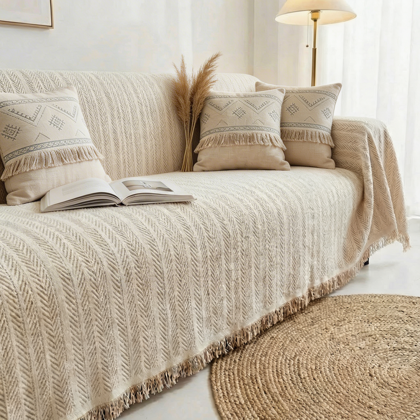 Herringbone Chenille Sofa Cover with Tassel Edges and Non-Slip Backing