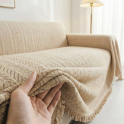 Herringbone Chenille Sofa Cover with Tassel Edges and Non-Slip Backing