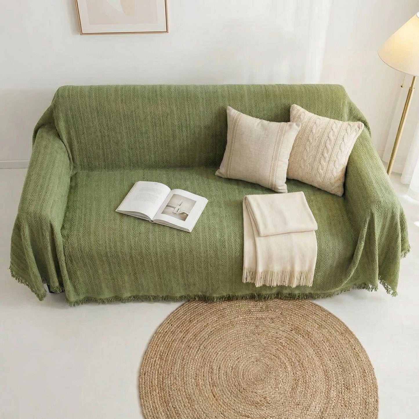 Herringbone Chenille Sofa Cover with Tassel Edges and Non-Slip Backing