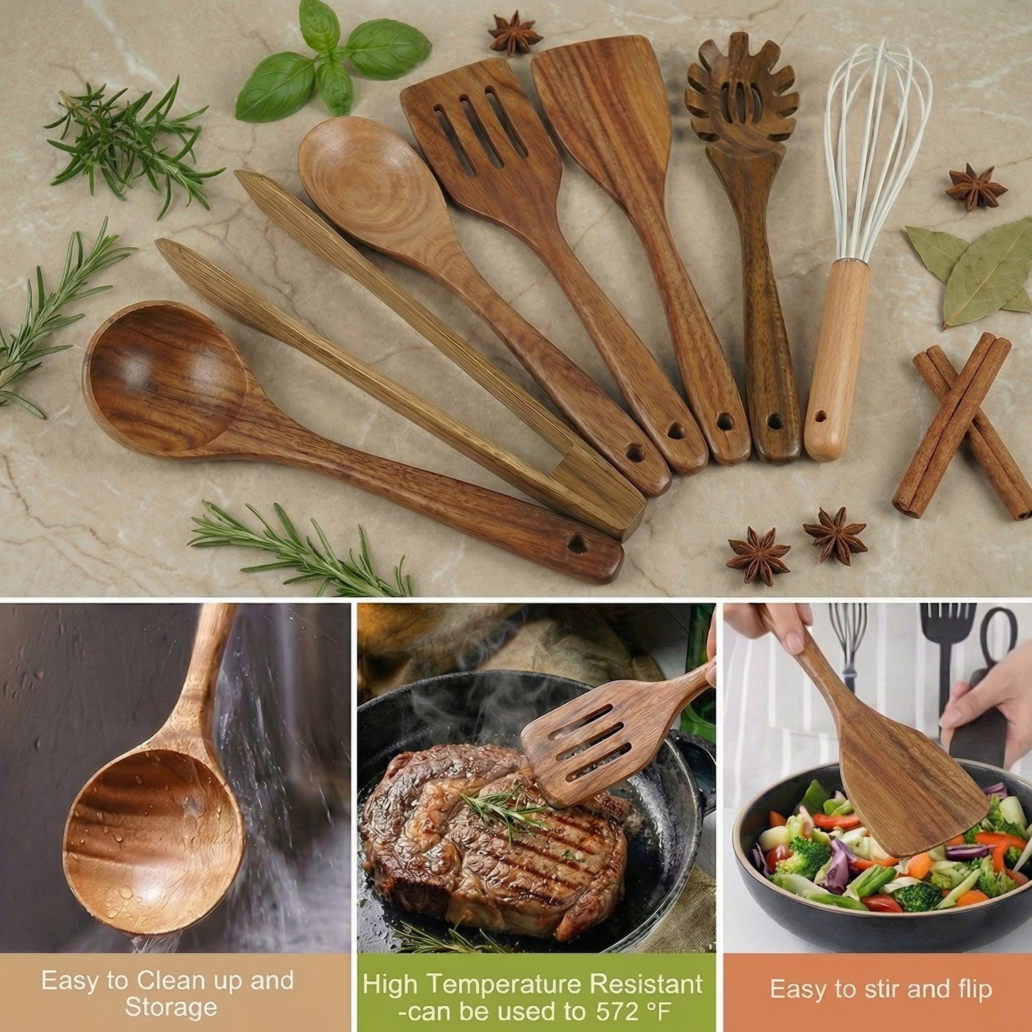Kitchen Utensil Set with Ergonomic Design | 7-Piece Wooden Set for Stylish and Safe Cooking