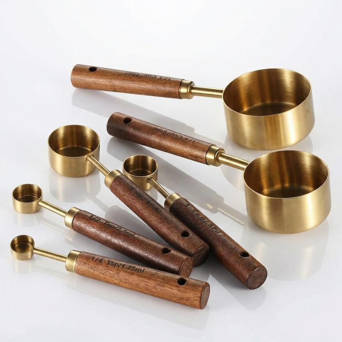8-Piece Stainless Steel Measuring Cups and Spoons Set with Oak Handles