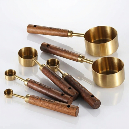 8-Piece Stainless Steel Measuring Cups and Spoons Set with Oak Handles