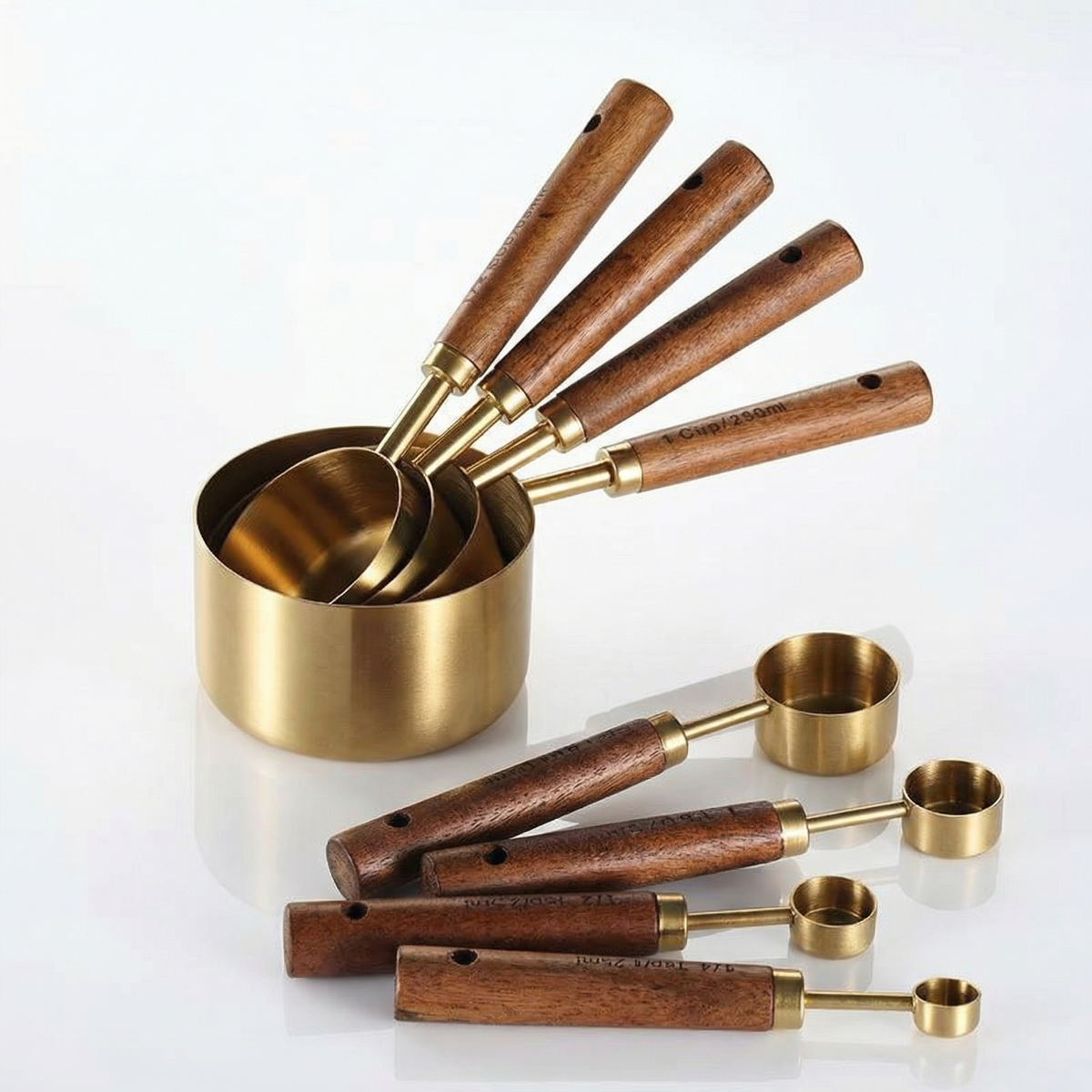 8-Piece Stainless Steel Measuring Cups and Spoons Set with Oak Handles