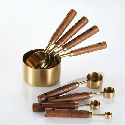 8-Piece Stainless Steel Measuring Cups and Spoons Set with Oak Handles