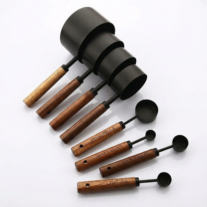 8-Piece Stainless Steel Measuring Cups and Spoons Set with Oak Handles