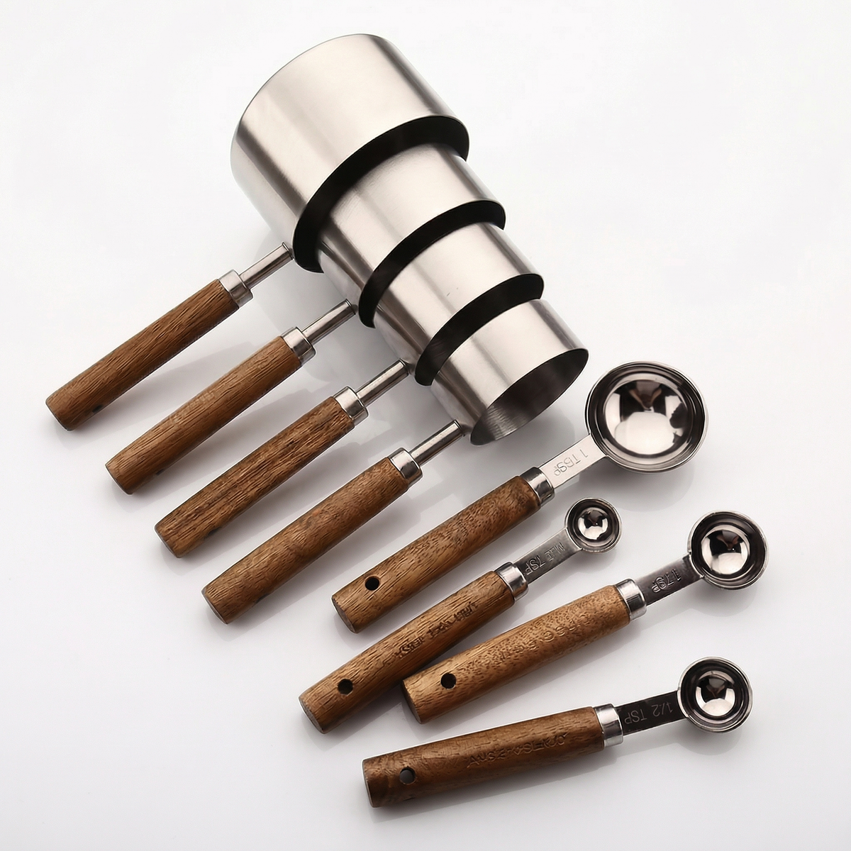 8-Piece Stainless Steel Measuring Cups and Spoons Set with Oak Handles