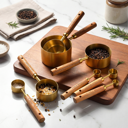 8-Piece Stainless Steel Measuring Cups and Spoons Set with Oak Handles