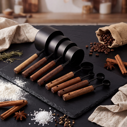 8-Piece Stainless Steel Measuring Cups and Spoons Set with Oak Handles