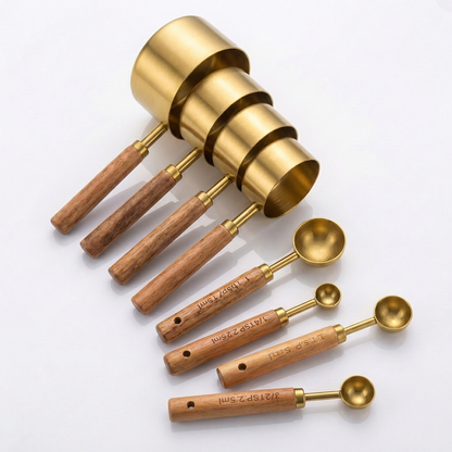 8-Piece Stainless Steel Measuring Cups and Spoons Set with Oak Handles