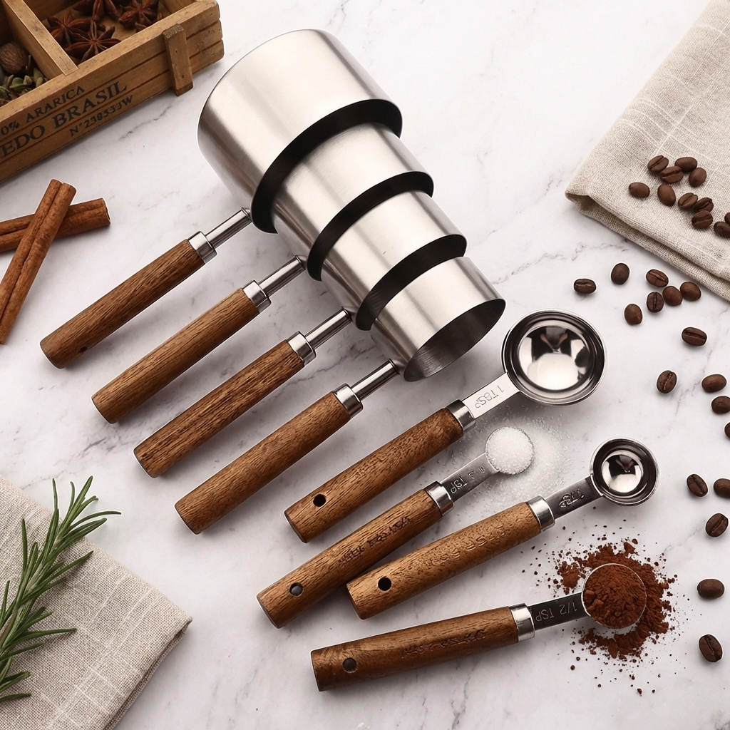 8-Piece Stainless Steel Measuring Cups and Spoons Set with Oak Handles