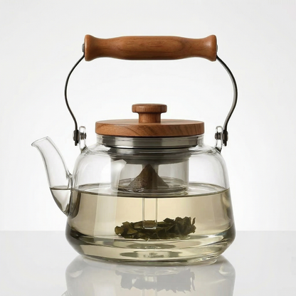 Elegant Glass Teapot with Infuser & Wooden Handle | 1000ml Heat-Resistant Tea Pot for Stylish Brewing