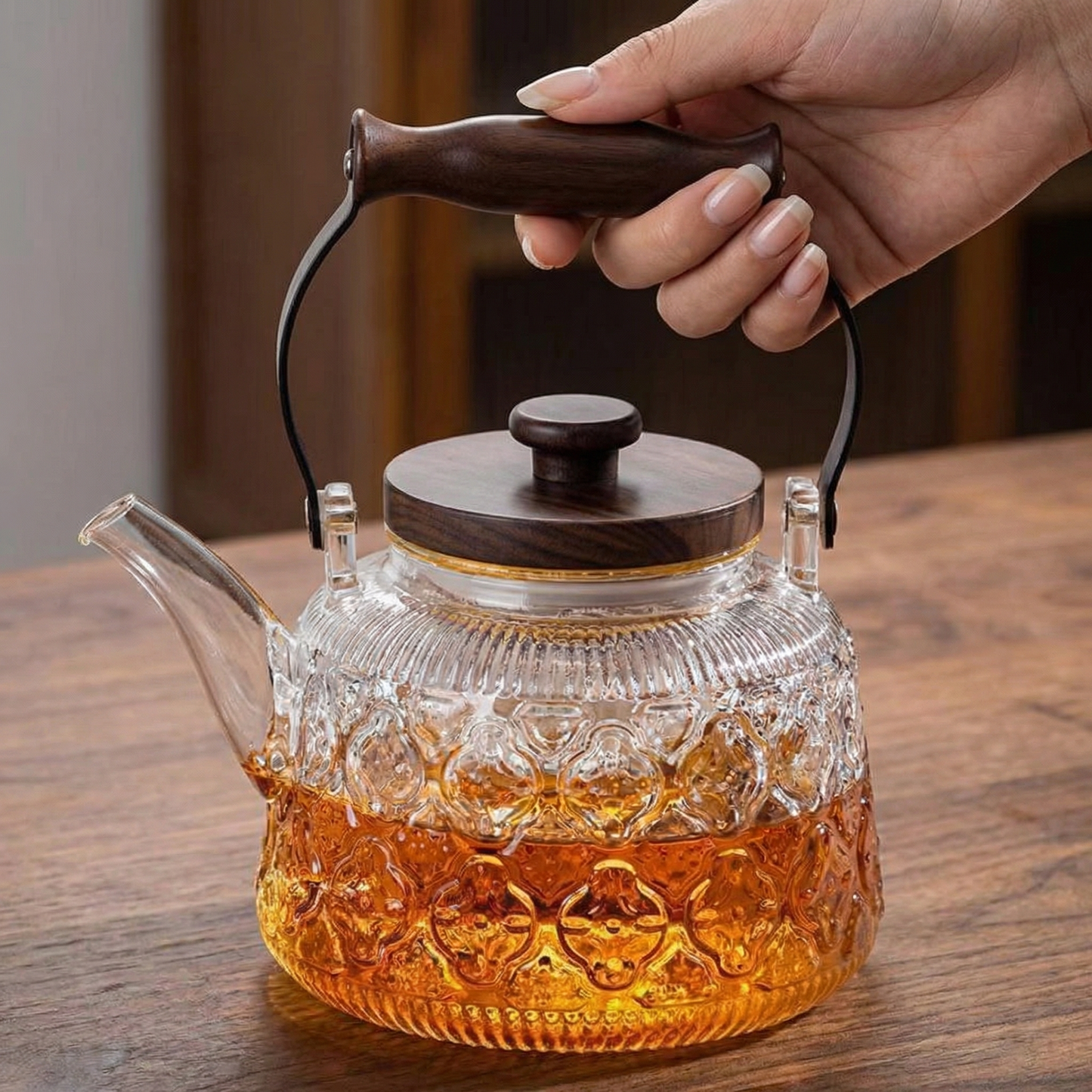 Elegant Glass Teapot with Infuser & Wooden Handle | 1000ml Heat-Resistant Tea Pot for Stylish Brewing