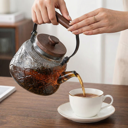 Elegant Glass Teapot with Infuser & Wooden Handle | 1000ml Heat-Resistant Tea Pot for Stylish Brewing