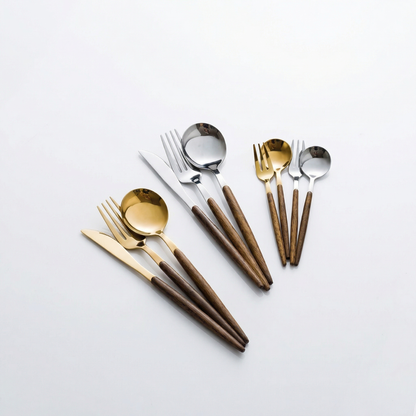 30-Piece Stainless Steel Cutlery Set with Wood-Look Handles