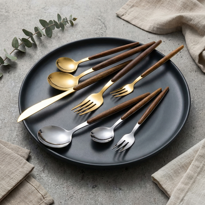30-Piece Stainless Steel Cutlery Set with Wood-Look Handles