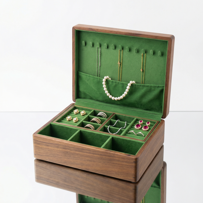 Elegant Jewelry Box for Women | Double-Layer Walnut Organizer with Velvet Lining