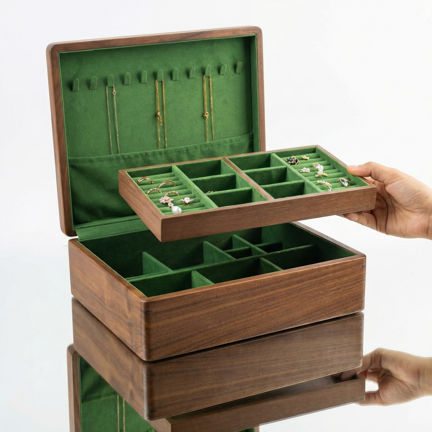 Elegant Jewelry Box for Women | Double-Layer Walnut Organizer with Velvet Lining
