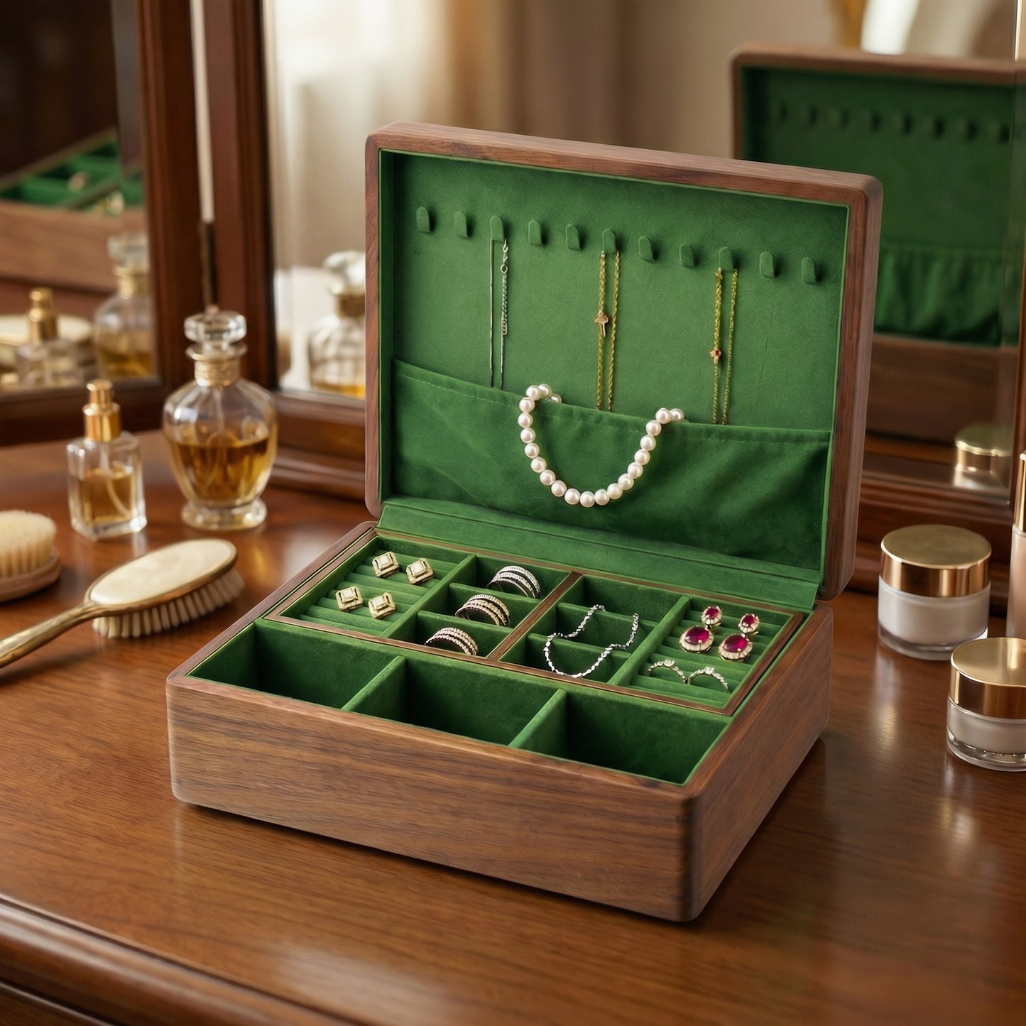 Elegant Jewelry Box for Women | Double-Layer Walnut Organizer with Velvet Lining