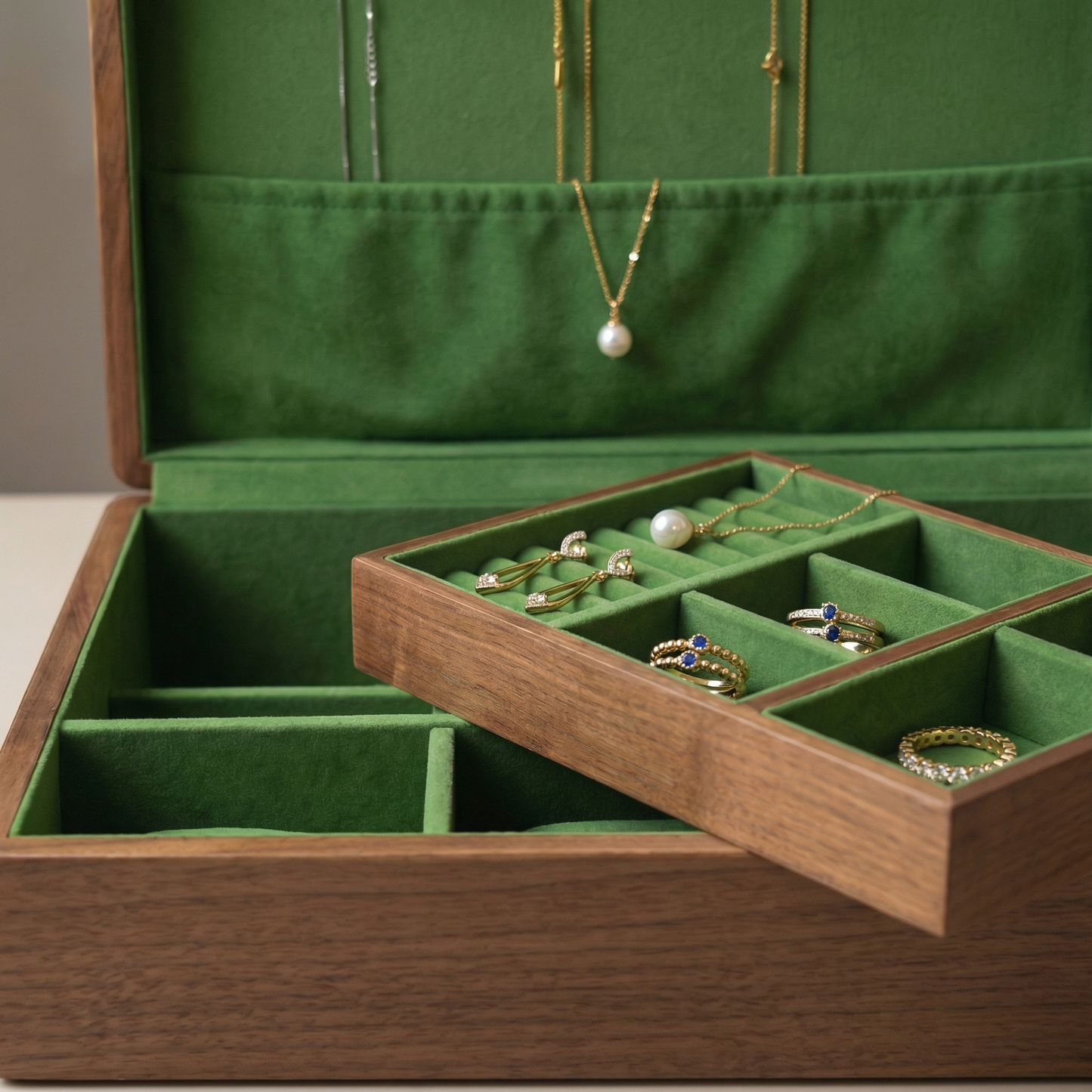 Elegant Jewelry Box for Women | Double-Layer Walnut Organizer with Velvet Lining