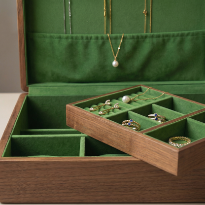 Elegant Jewelry Box for Women | Double-Layer Walnut Organizer with Velvet Lining