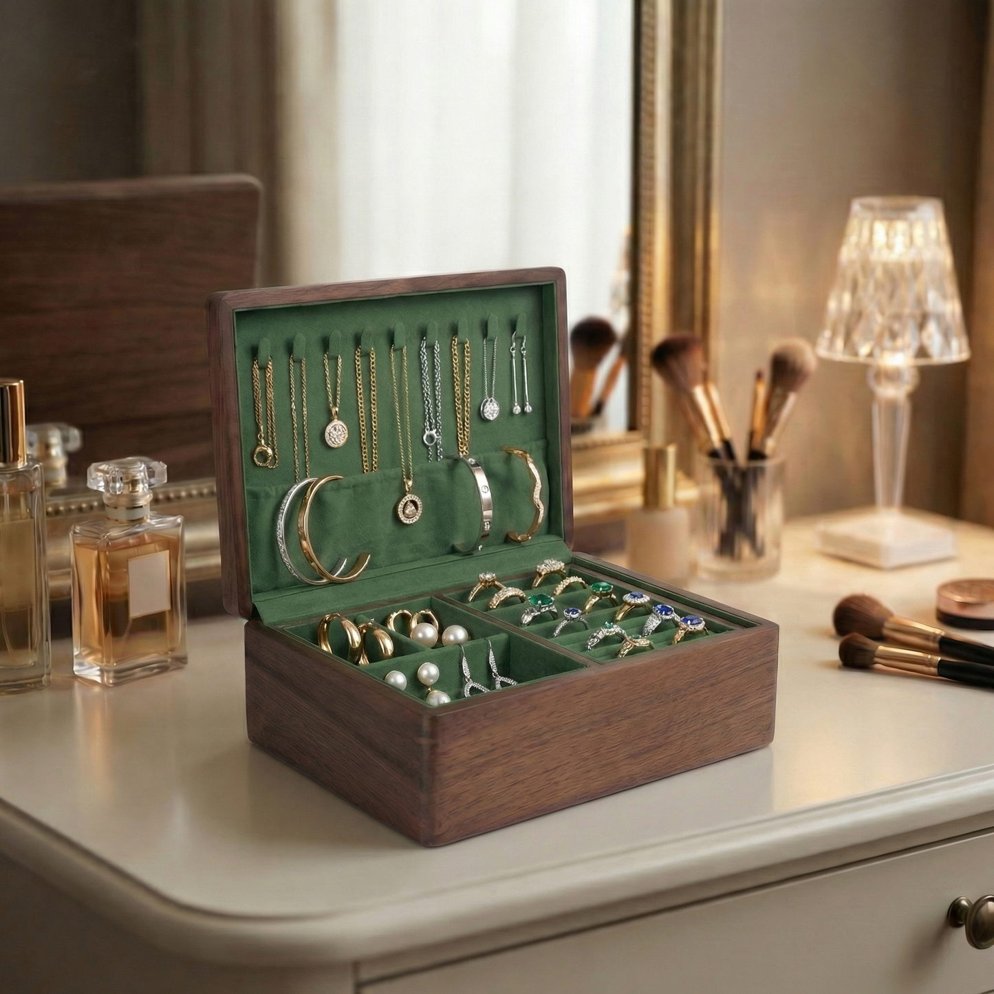 Elegant Jewelry Box for Women | Double-Layer Walnut Organizer with Velvet Lining