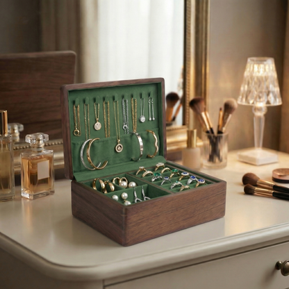 Elegant Jewelry Box for Women | Double-Layer Walnut Organizer with Velvet Lining