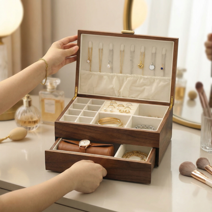 Two-Layer Walnut Jewelry Box with Velvet-Lined Drawers