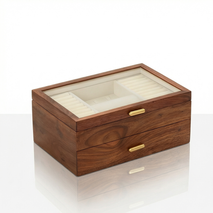 Two-Layer Walnut Jewelry Box with Velvet-Lined Drawers