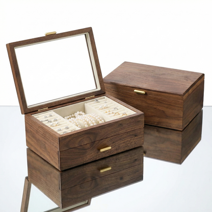 Two-Layer Walnut Jewelry Box with Velvet-Lined Drawers