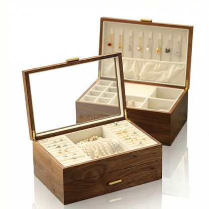 Two-Layer Walnut Jewelry Box with Velvet-Lined Drawers