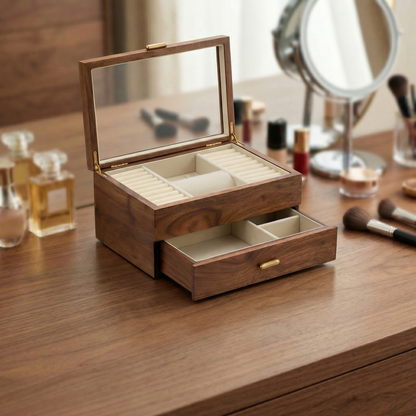 Two-Layer Walnut Jewelry Box with Velvet-Lined Drawers