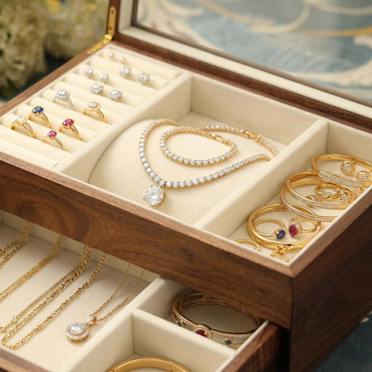 Two-Layer Walnut Jewelry Box with Velvet-Lined Drawers