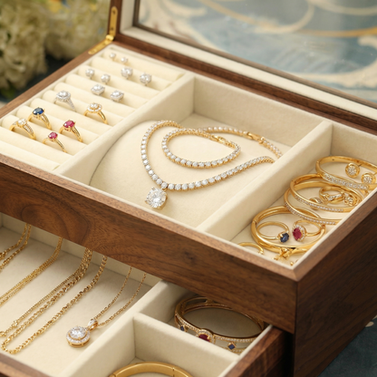 Two-Layer Walnut Jewelry Box with Velvet-Lined Drawers