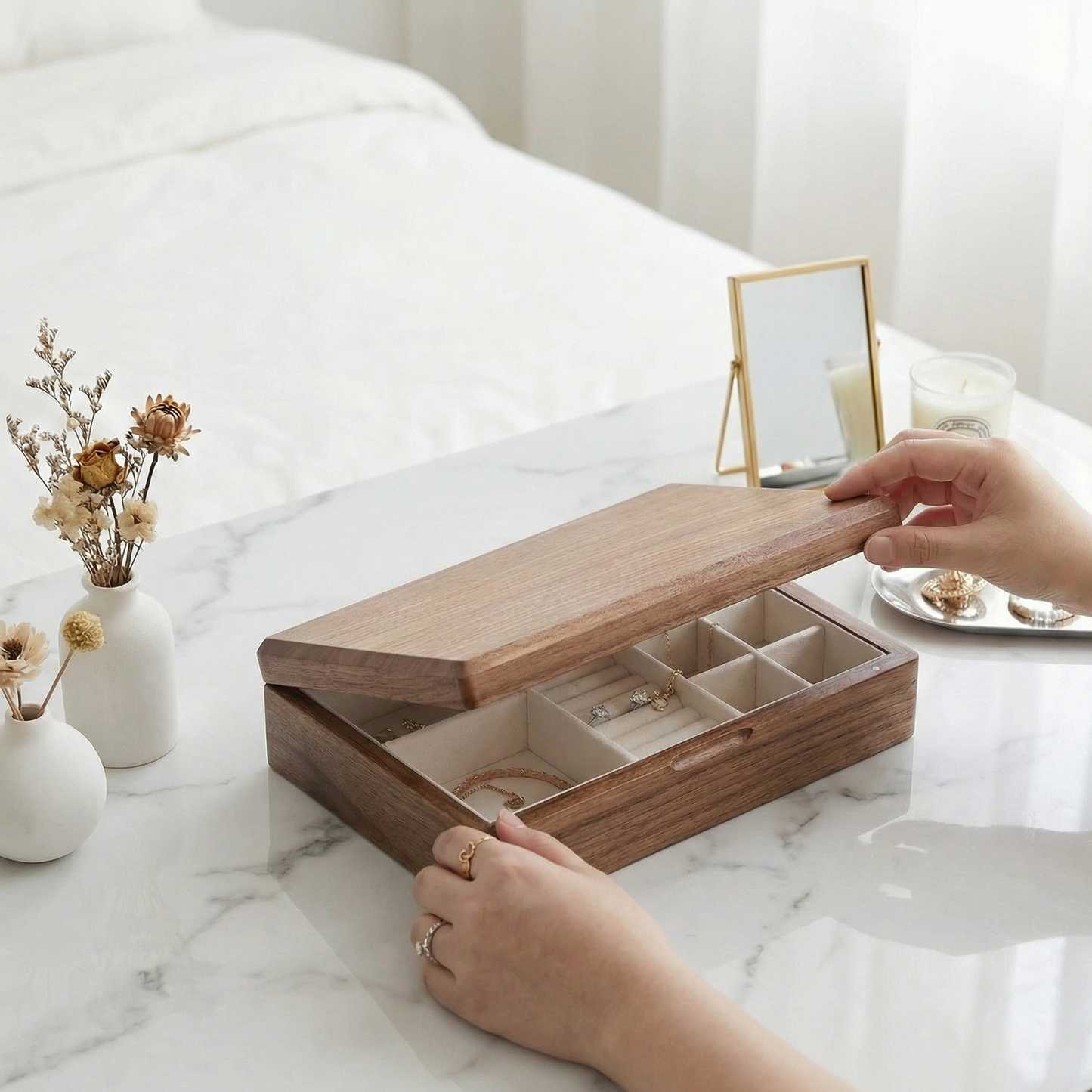 Elegant Walnut Jewelry Box for Women with Lock & Velvet Lining