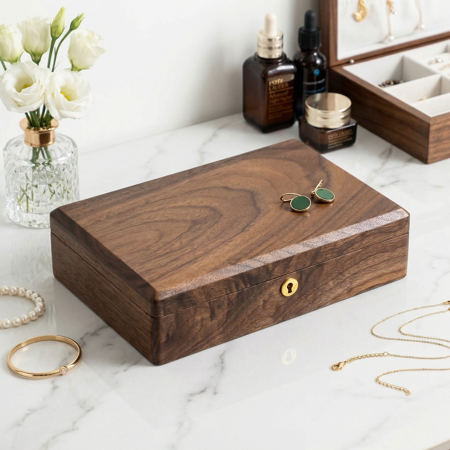 Elegant Walnut Jewelry Box for Women with Lock & Velvet Lining