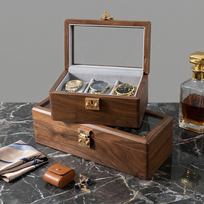 Minimalist Walnut Watch Box for Men with Tempered Glass Lid